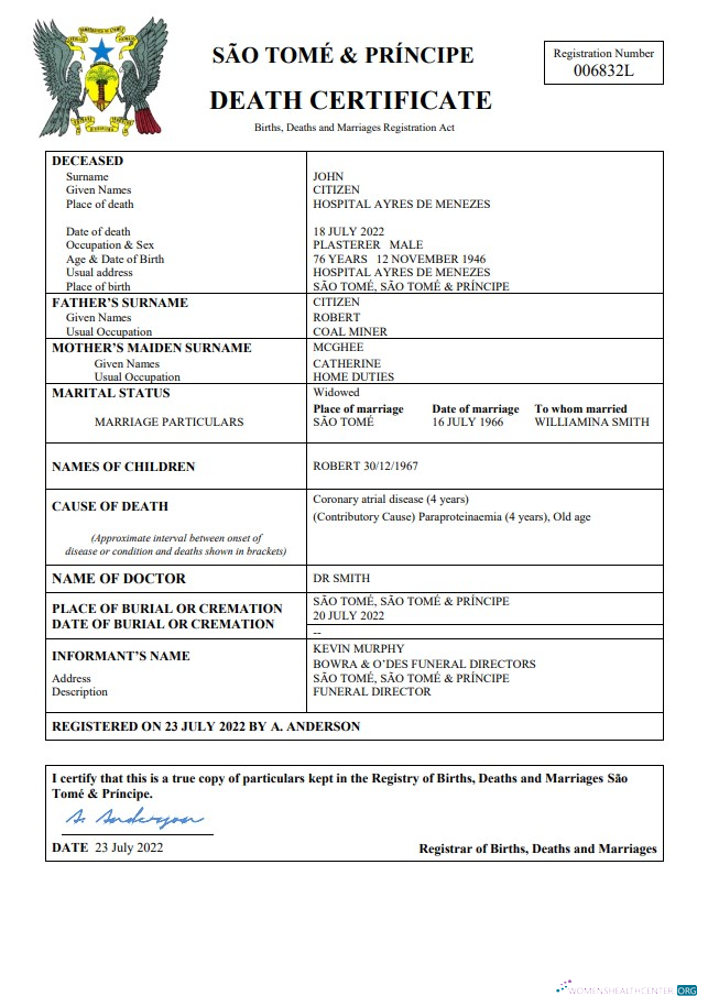 Download Sao Tome and Principe vital record death certificate Word and PDF template Photoshop template